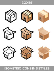 Isometric carton packaging boxes set in three styles with postal signs this side up fragile vector illustration