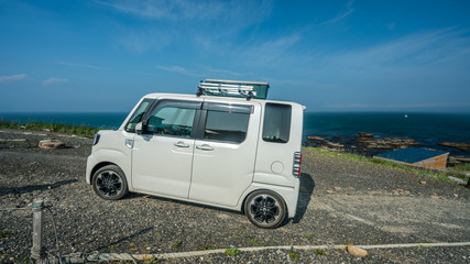 White Car Parked On Natural Viewpoint In Japan