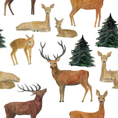 Naklejka na ściany i meble Watercolor painting seamless pattern with deers