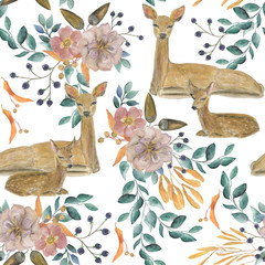 Watercolor painting seamless pattern with deers