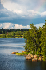 Fototapeta na wymiar Summer landscape in park Monrepo near town Vyborg in Russia on bank of Gulf of Finland