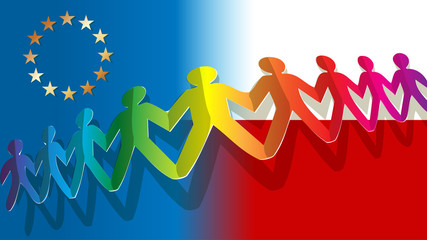 Defense of democracy banner cut out of paper people rainbow on the Polish and European Union flag background.