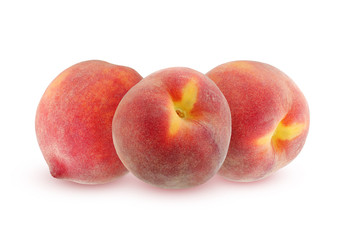 Three peaches with shadow, isolated on white background.