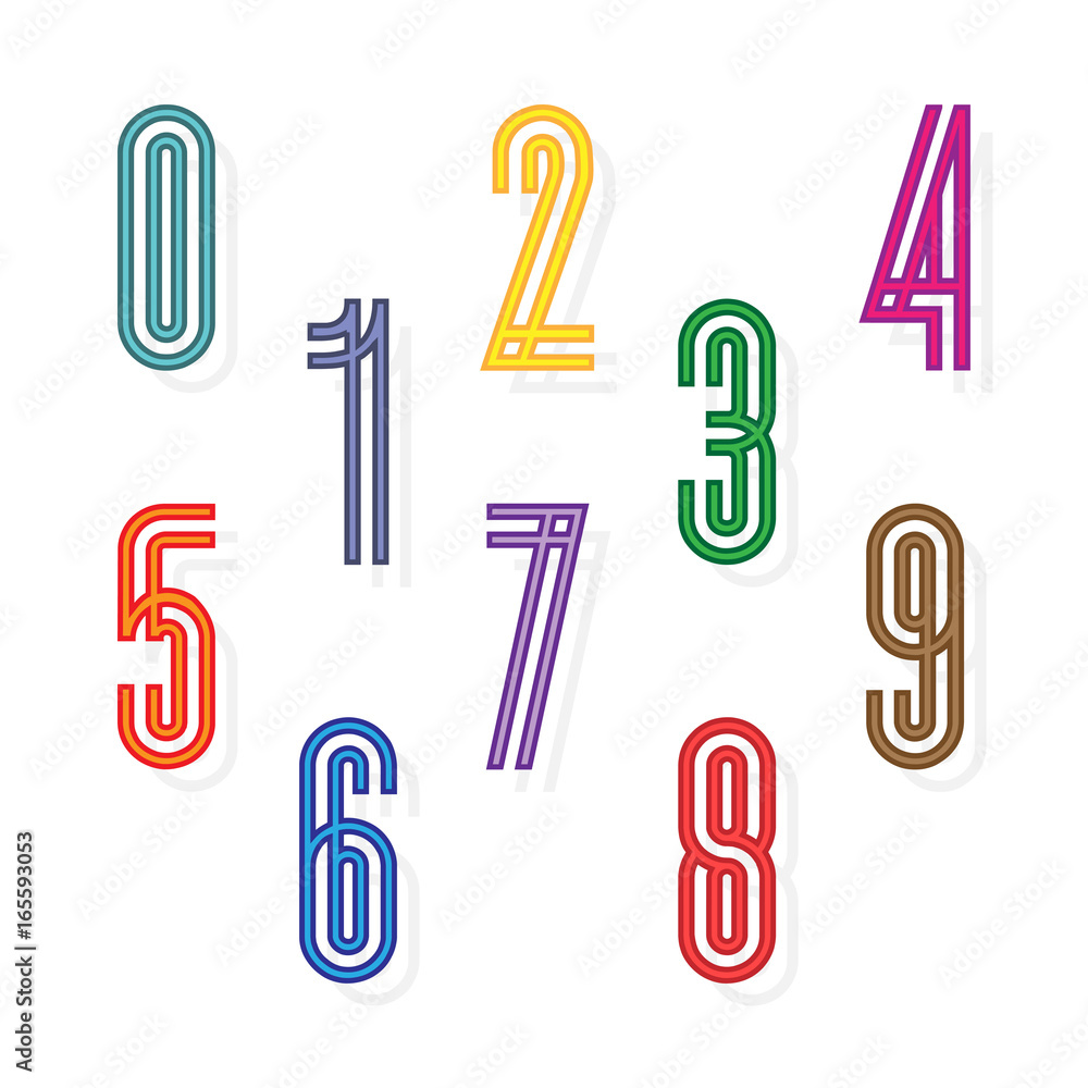 Poster set colorful numbers formed by parallel lines, color numbers