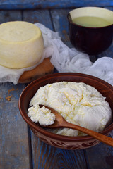 Homemade dairy products: cottage cheese, milk whey and young cheese on wooden background