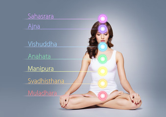 Healthy woman meditating in lotus position. Colored lights with chakra names over her body. Yoga, zen, Buddhism, recovery and wellbeing concept.