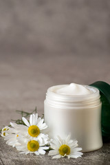 Obraz na płótnie Canvas Natural cosmetics. A jar with cream for face and body skin care and fresh chamomile flowers on a gray background.