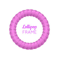 Lollipop round violet frame. Photo album page to preserve sweet memories. Realistic mockup vector illustration on white background