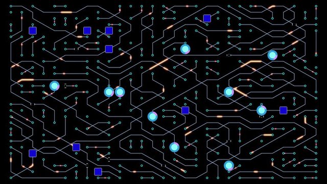 Video Background 2303: Graphic circuit board with transistors, capacitors and data transfer effects (Loop).