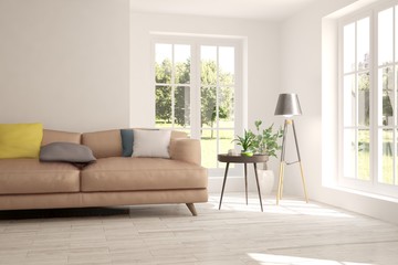 White room with sofa and green landscape in window. Scandinavian interior design. 3D illustration