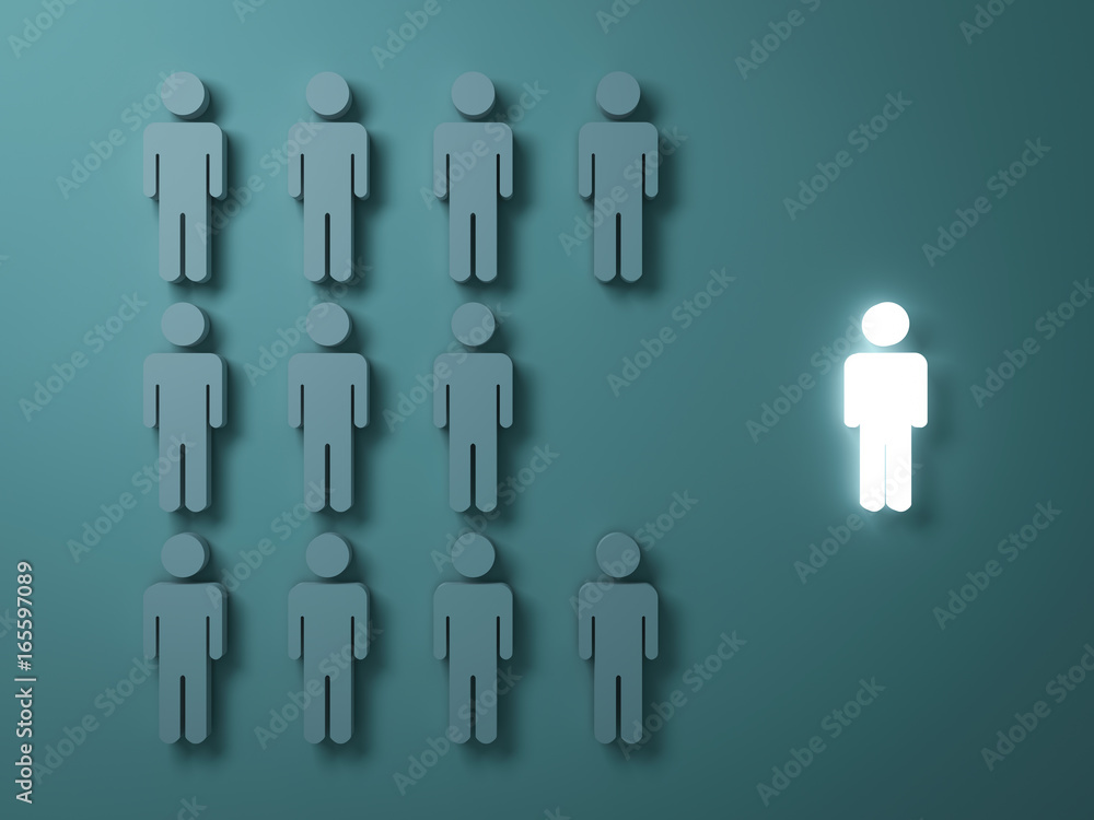 Poster stand out from the crowd and different creative idea concepts , one light man standing alone separat