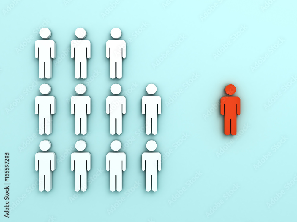 Fototapete Stand out from the crowd and different creative idea concepts , One red man standing alone separate from group of white people on cyan background with shadows , leadership concept . 3D rendering.