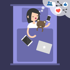 Young blogger dreaming about success in social media / flat editable vector illustration, clip art