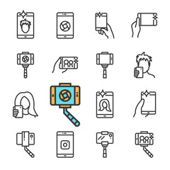 Vector black line Selfie icons set. Includes such Icons as selfie stick, smartphone, front camera, Smartphone in hand.