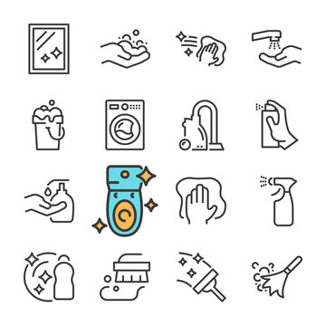 Vector black line Cleaning icons set. Includes such Icons as Clean Surface, Dust, Foam, Detergent.