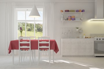 White kitchen with summer landscape in window. Scandinavian interior design. 3D illustration