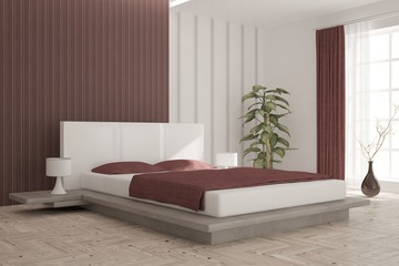 Idea of white modern bedroom. Scandinavian interior design. 3D illustration