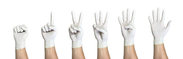 Right hand wearing latex surgical glove with gesture number from zero to five from left to right on wite background - Powered by Adobe