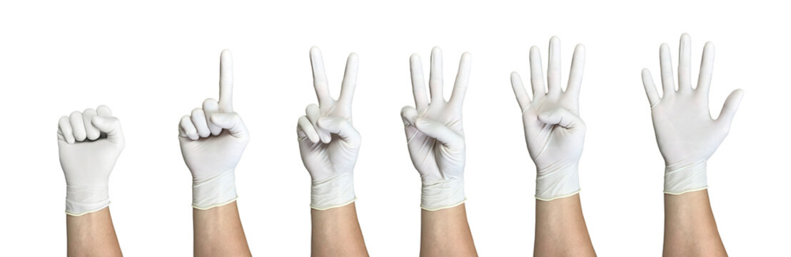 Right Hand Wearing Latex Surgical Glove With Gesture Number From Zero To Five From Left To Right On Wite Background