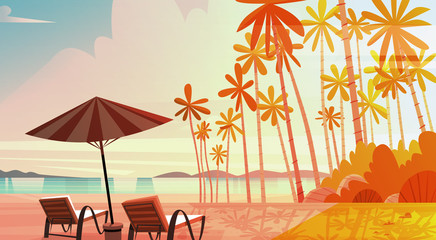 Sea Shore Beach With Deck Chairs On Sunset Beautiful Seaside Landscape Summer Vacation Concept Flat Vector Illustration