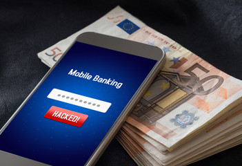 Mobile banking hack and cyber security concept. Hacker and criminal login to persons online bank...