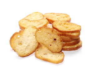 pile cheese rusks with wholewheat flour, bread sliced isolated on white background