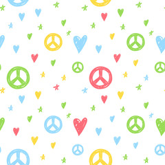 Vector seamless cartoon pattern with peace sign, hearts and stars. Hand drawn colored hippie pattern for paper, textile, handmade decoration, scrap-booking, polygraphy, clothes, cards.