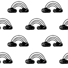 Vector seamless cartoon pattern with rainbows. Hand drawn black and white reggae pattern for paper, textile, handmade decoration, scrap-booking, polygraphy, clothes, cards.
