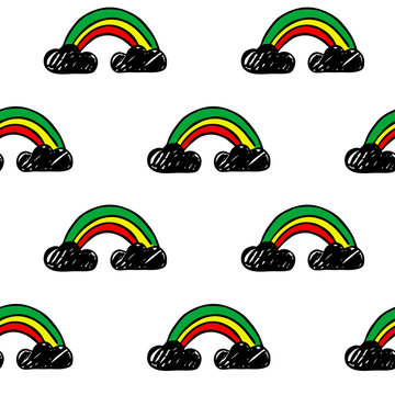 Vector seamless cartoon pattern with rainbows. Hand drawn colored reggae pattern for paper, textile, handmade decoration, scrap-booking, polygraphy, clothes, cards.