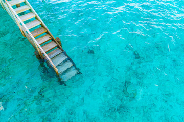 Wood stair into the sea of tropical Maldives island .