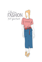 Fashion Collection Of Clothes Female Model Wearing Trendy Clothing Vector Illustration