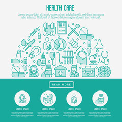 Fototapeta na wymiar Health care concept with thin line icons related to hospital, clinic, laboratory. Vector illustration for conclusion, banner, web page.