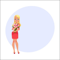Beautiful blond woman, girl standing, holding bunch of tulip flowers, cartoon vector illustration with space for text. Full length portrait of happy girl, woman holding bunch of tulip flowers