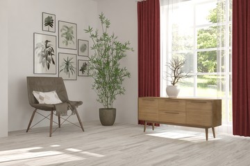 Fototapeta na wymiar White room with armchair and summer landscape in window. Scandinavian interior design. 3D illustration
