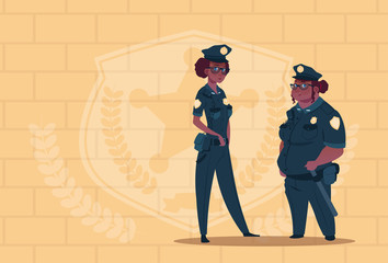 Two African American Police Women Wearing Uniform Female Guards On Blue Bricks Background Flat Vector Illustration