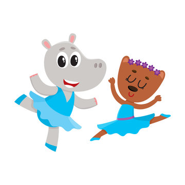 Cute little hippo and bear puppy and kitten characters dancing ballet together, cartoon vector illustration isolated on white background. Little bear and hippo ballet dancers, ballerinas