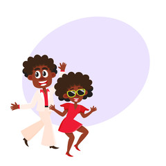 Black, African American couple, man and woman, dancing dicso, cartoon vector illustration with space for text. Young black African American man and woman dancing together at retro disco party