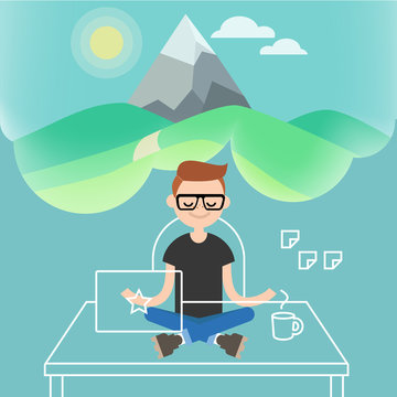Dealing with stress. Young character meditating in lotus pose with closed eyes in office. Yoga and meditation / flat editable vector illustration, clip art