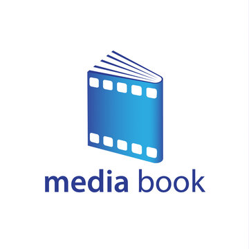 Book and the film strip logo. Blue Multimedia icon.