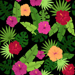 Seamless Pattern of Hibiscus and Palm Leaves on Dark Background