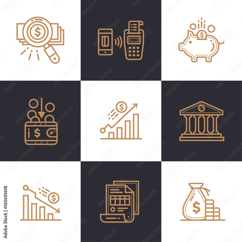 Poster unique linear icons set of finance, banking. high quality modern icons suitable for print media, inf