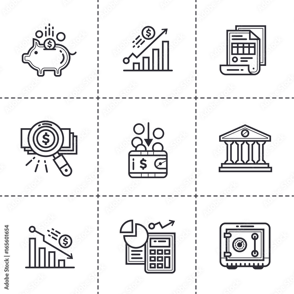 Poster unique linear icons set of finance, banking. high quality modern icons suitable for print media, inf