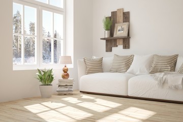 White room with sofa and winter landscape in window. Scandinavian interior design. 3D illustration