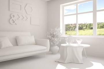 White room with sofa and green landscape in window. Scandinavian interior design. 3D illustration