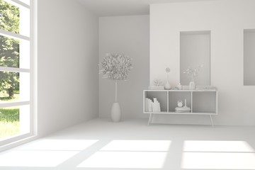 Idea of white room with shelf. Scandinavian interior design. 3D illustration