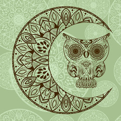 An owl sitting on the half moon with mandala ornament. Illustration silhouette owl sitting with large eyes. Mandala element. Hand drawn. 