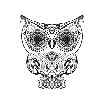 Vector zentangle owl illustration. Ornate patterned bird. Simbol for printing.