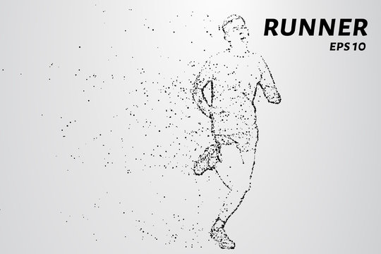 Runner of the particles. The man runs and the wind out of him pulling out pieces in the shape of a circle. Vector illustration