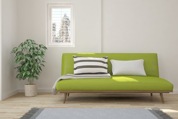 White minimalist room with green sofa. Scandinavian interior design. 3D illustration