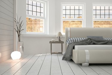 White minimalist bedroom. Scandinavian interior design. 3D illustration